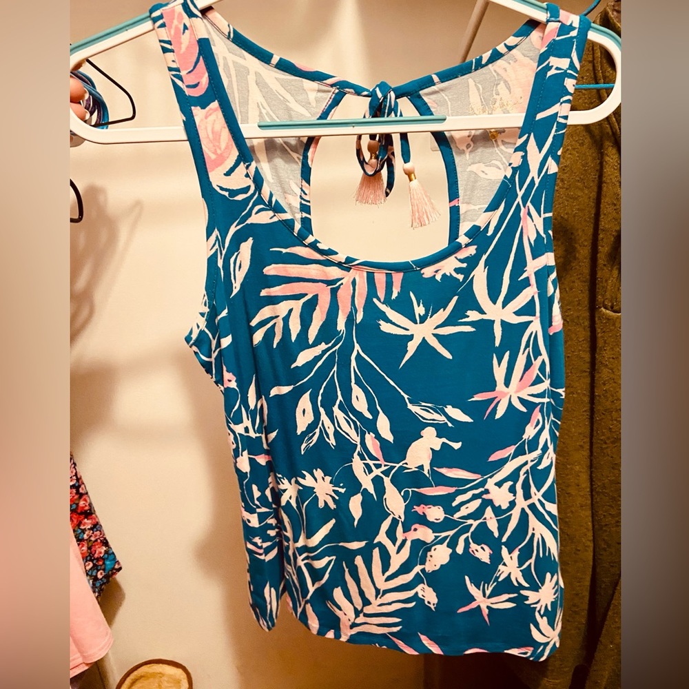 LILLY PULITZER | Teal & Pink Noemi Fringe Tank | S - Picture 3 of 4